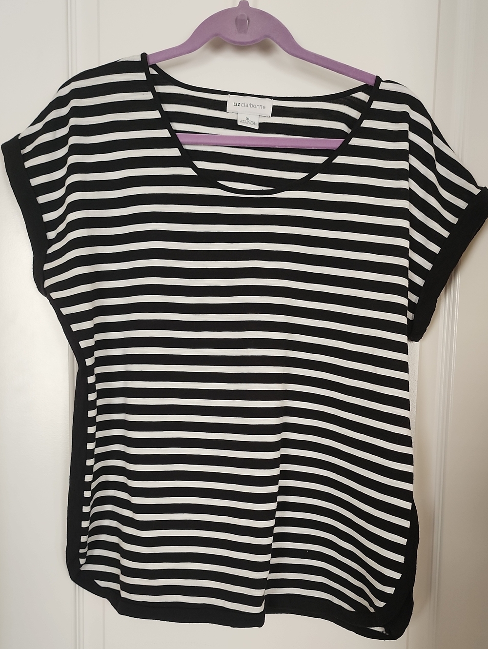 Liz Claiborne Black & White Striped Scoop Neck Tee Cap Sleeve Size XL